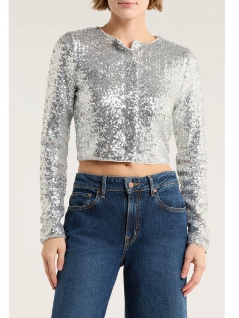 NWT Good American Silver Sequin Long-Sleeve Cardigan Size Small
